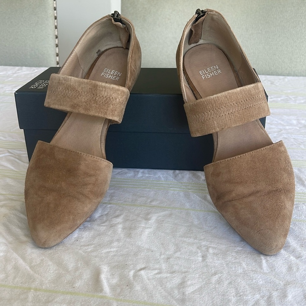 Eileen Fisher suede taupe flats. Zippered in back. Size 8.5 M.